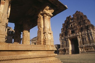 INDIA, Karnataka, Hampi, Ruins of Vijayanagar ancient capital.  Partial view of the exterior of