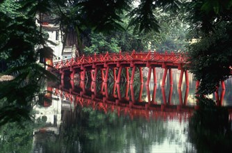 VIETNAM, Hanoi, "Le Petit Lac at Hoan Kiem Lake.  The red painted Huc bridge, reflected in the