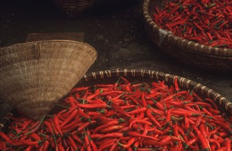 VIETNAM, Hanoi, Large shallow baskets of red chilli peppers at Hanoi market.