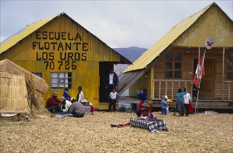 PERU , Puno Department, Lake Titicaca, General view of a school building on a floating reed island