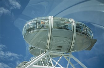ENGLAND, London, British Airways London Eye Milennium wheel view of capsule with blue sky