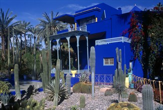 MOROCCO, Marrakech, The Jardin Majorelle. Ornamental garden with vibrant colbolt blue building