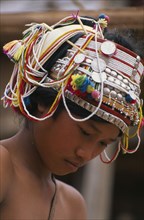 LAOS, Tribal People, Akha hiltribe detail of decorated headdress