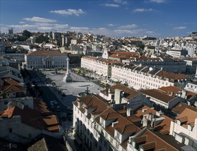 PORTUGAL, Lisbon, Baixa, "View over Praca de Dom Pedro IV, aka Rossio Square, from the Elevador de