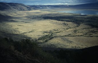 TANZANIA, Ngorongoro Crater , View from the rim of volcanic crater across valley floor and Lake