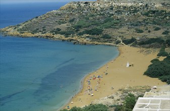 MALTA, Gozo, Ramla Bay, "View over bay, sandy beach and coastline"