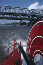 USA, Tennessee, Memphis, Bridge over the Mississippi River viewed from paddle steamer the Delta