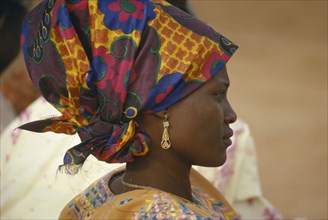 NIGERIA, Traditional Dress, Hausa woman in traditional head dress.  Head and shoulders portrait