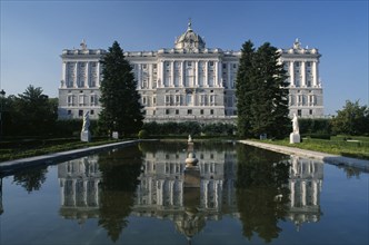 SPAIN, Madrid State, Madrid, Palacio Real or Royal Palace. West wing seen from the Jardines de
