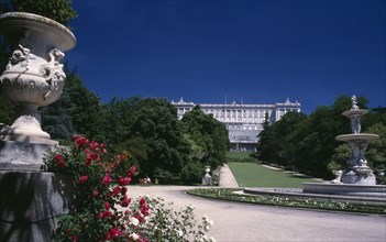 SPAIN, Madrid State, Madrid, Palacio Real or Royal Palace. Campo del Moro or Moors Field with the