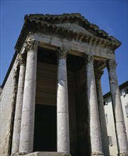 CROATIA, Istria, Pula, Columned facade of the Temple of Romae and Augustus which stands on the site