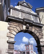 CROATIA, Rovinj, Balbis Arch and city gate with clocktower beyond