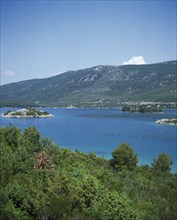 CROATIA, Dalmatia, Ston, View over Oyster beds on the Peljesac coast