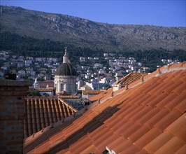 CROATIA, Dalmatia, Dubrovnik, Renovated tile roofs and Cathedral dome dating from 1667