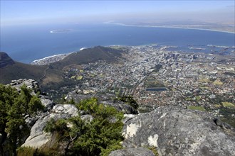SOUTH AFRICA, Western Cape, Cape Town, Aerial view from mountain top over city below and coastline