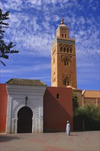 MOROCCO, Marrakech, Koutoubia Mosque entrance gate and minaret