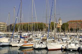 FRANCE, Cote d Azur, Nice, Harbour with rows of moored boats