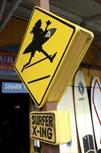 USA, Hawaii, Honolulu, Surf shop sign with silhouette of surfer holding board