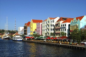 WEST INDIES, Dutch Antilles, Curacao, Old Willemstad. View along brightly painted waterfront