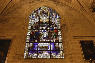 SPAIN, Andalucia, Seville, Stained glass window of Seville Cathedral