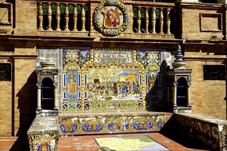 SPAIN, Andalucia, Seville, Plaza de Espana. One of the tiled seats that line the semicircular plaza