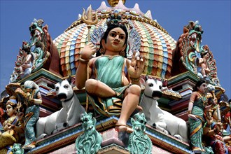 SINGAPORE, Central, Chinatown, Sri Mariamman Temple. Detail of brightly coloured Hindu carvings