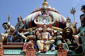 SINGAPORE, Central, Chinatown, Sri Mariamman Temple. Detail of brightly coloured Hindu carvings and