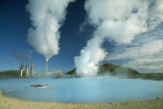 ICELAND, Gullbringu, Reykjanes Peninsula, The Blue Lagoon beside Svartsengi geothermal power plant