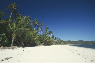 PHILIPPINES, Visayan Islands, Boracay, Empty sandy beach fringed with palm trees on undeveloped