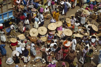 GHANA, Accra, Crowded market with mixed produce