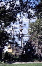 USA, Massachusetts, Plymouth, View through trees toward the Mayflower 2