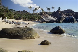 WEST INDIES, British Virgin Islands, Virgin Gorda, The Baths.  Quiet sandy beach with large