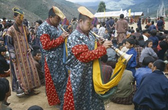 BHUTAN, Festivals, Procession of priests with horns at Padmasambhava festival