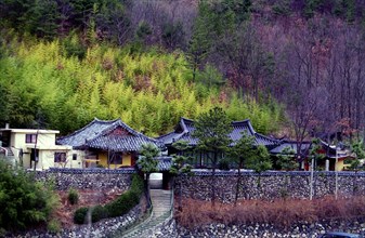 SOUTH KOREA, Mati Sa Village, View of hillside village houses backed by tree covered slopes