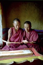 CHINA, Tibet, Ganden Monastery, Monks reading scriptures