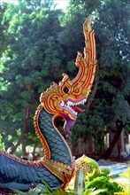 LAOS, Savannakhet, Wat Sainyamungkhun. Detail of Guardian statue in the form of a dragon used to
