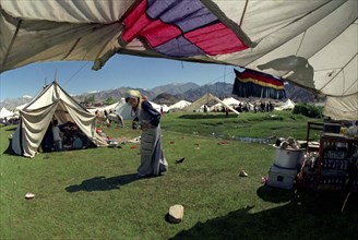 INDIA, Ladakh, View from inside tent at the 14th Dalai Lamas birthday celebrations
