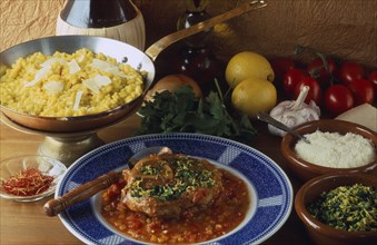 ITALY, Food, "Ossobucco, a dish of braised shin of veal with risotto alla milanese."