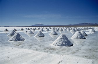 BOLIVIA, Uyuni, Salar de Uyuni, Salt flats with salt shovelled in to piles awaiting collection