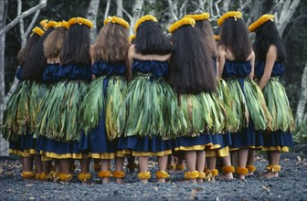 HAWAII, Big Island, Hula, Group of Hula dancers.