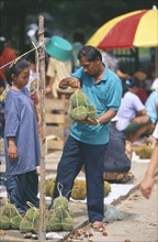 MALAYSIA, Borneo, Sabah, Kota Belud tamu weekly market with durian fruit vendor