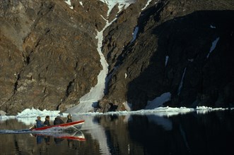 CANADA, Nunavut, Baffin Island, Four Inuit men is boat for a fishing trip