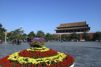 CHINA, Beijing, Forbidden City, View over flowerbed and courtyard outside the walls of the complex