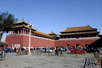 CHINA, Beijing, Forbidden City, Exterior view of a section of the Meridian Gate with passing