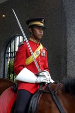 MALAYSIA, Kuala Lumpur, Uniformed guard on horseback with sword at the Kings Palace