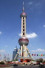 CHINA, Shanghai, View of the Television Tower against a blue sky