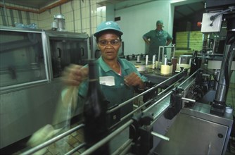 SOUTH AFRICA, Western Cape, Paarl, Worker labelling wine bottles at Fairview wine estate