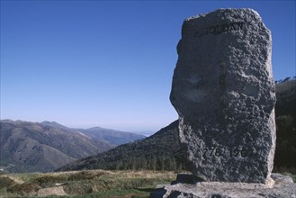 SPAIN, Navarra, Roncesvalles, Stone marking the begining of the French Pilgrims Way to Santiago de
