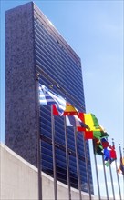 USA, New York State, New York City, United Nations Building with flags