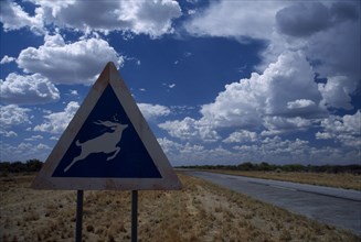 NAMIBIA, Transport, Road sign along major road warning of wild Kudu